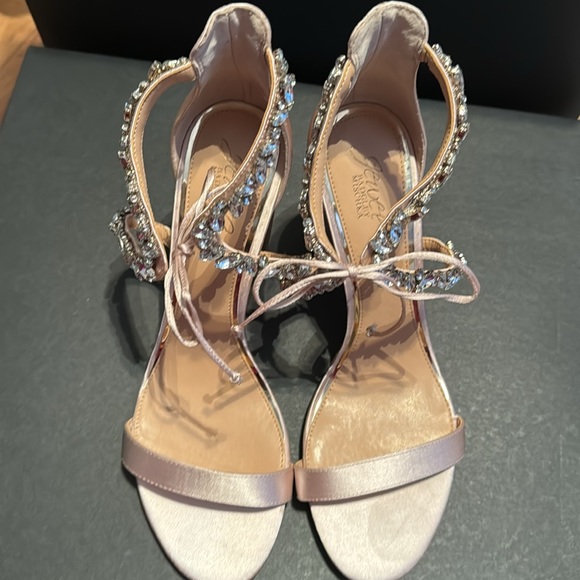 Badgley Mischka JEWEL Sandals Thamar Embellished Block Heels Ankle Tie - Picture 5 of 11